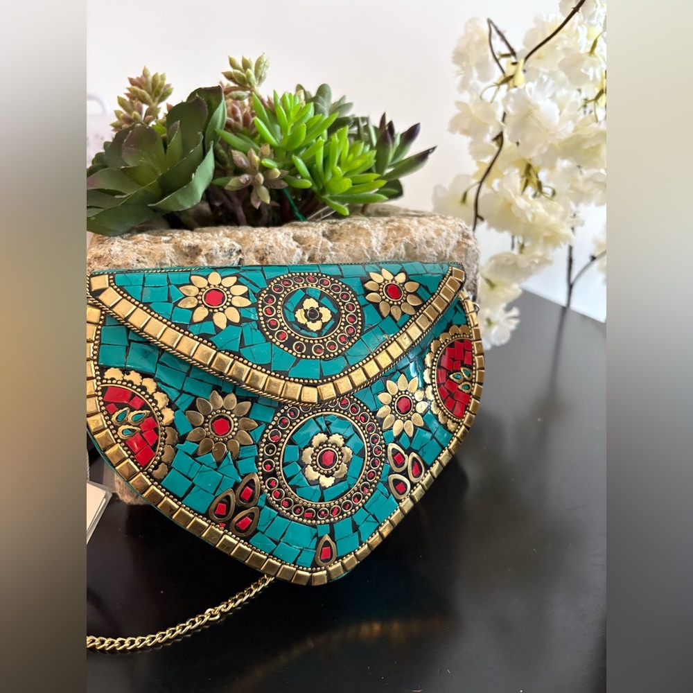 Mosaic Patterned Clutch - Turquoise and Red
